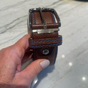 Men's Roger Ximenez Brown Leather Belt with Blue Stitching.
